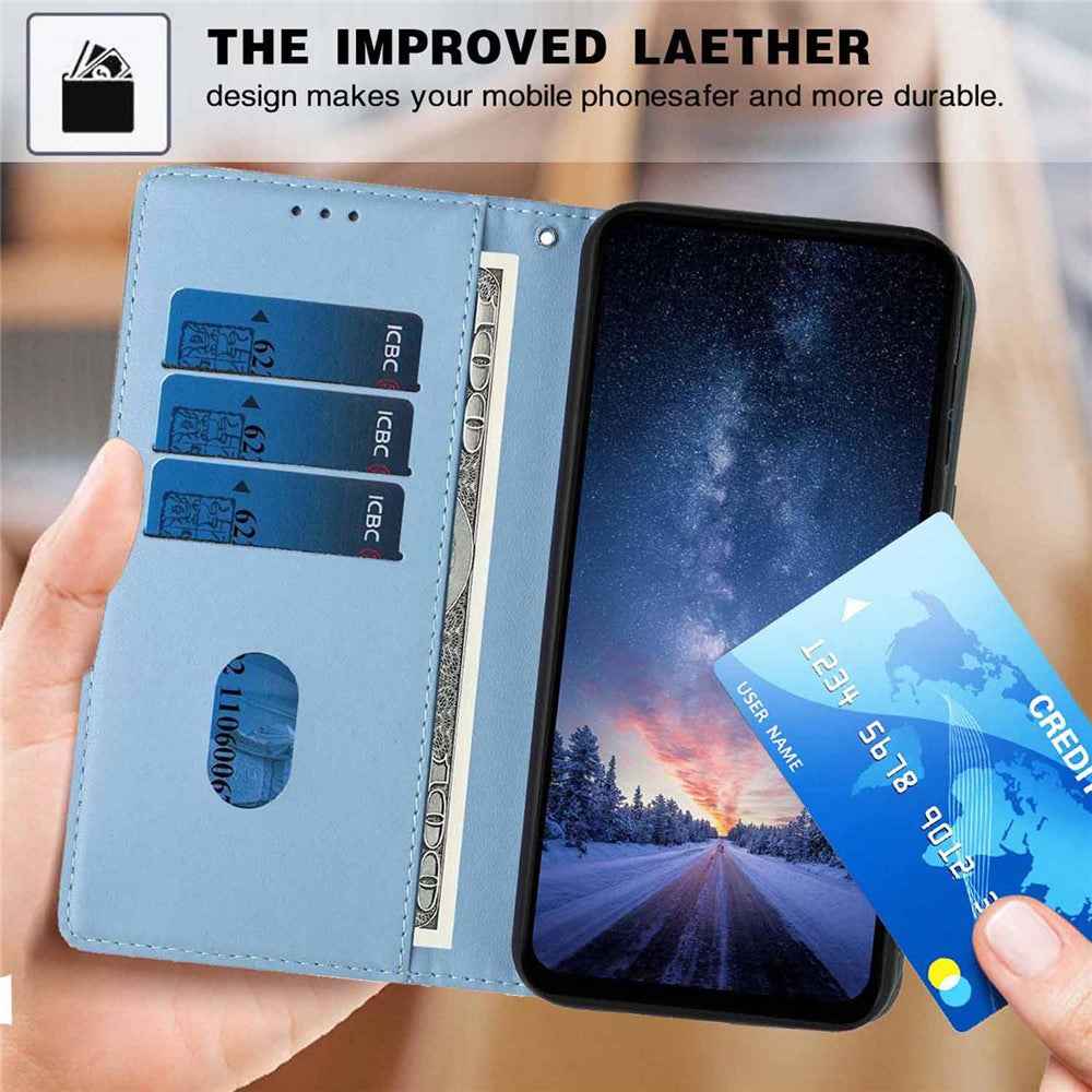 For Samsung Galaxy A57 5G Stand Case Tree-and-Cat Pattern PU Leather Wallet Protective Phone Cover with Wrist Strap - Sky Blue