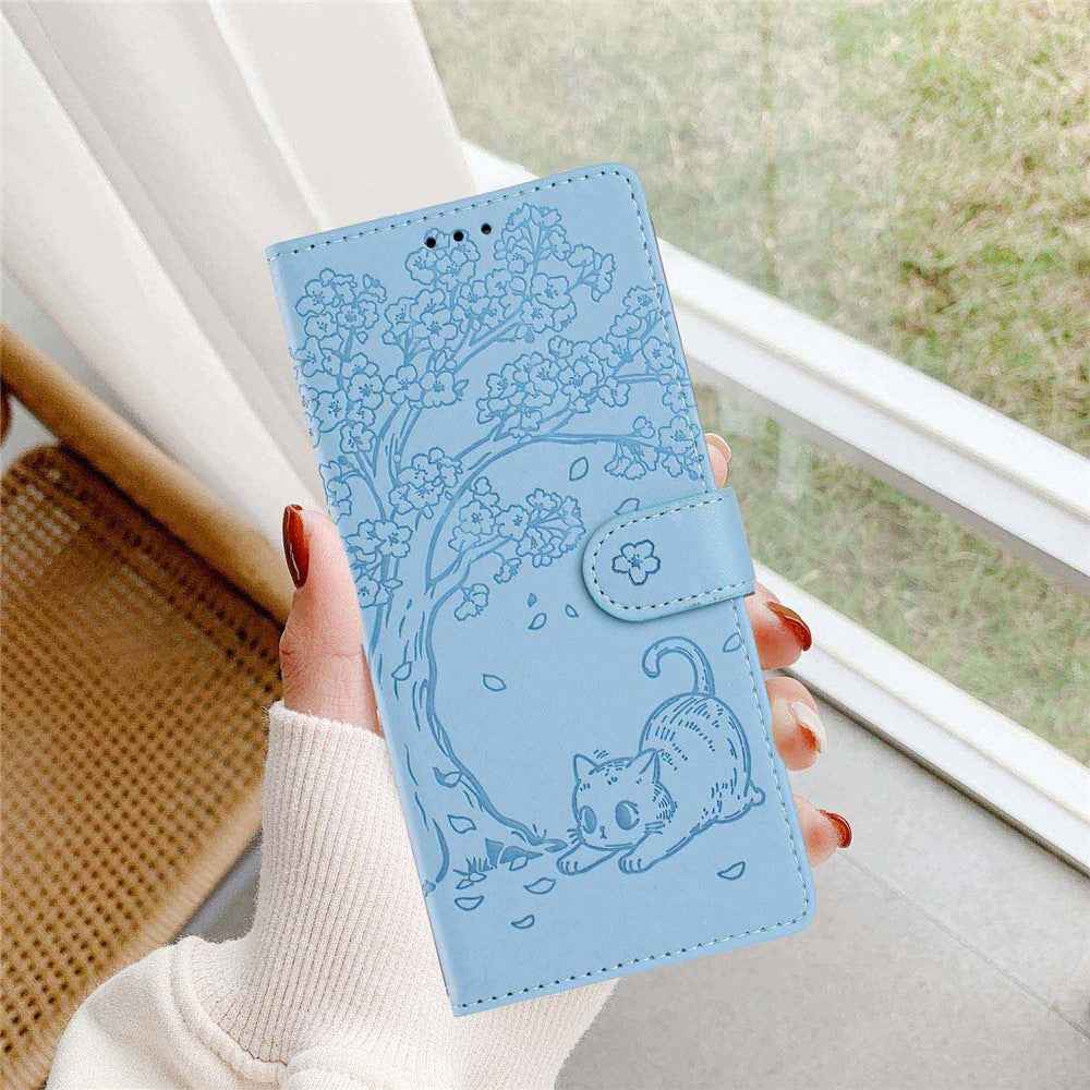 For Samsung Galaxy A57 5G Stand Case Tree-and-Cat Pattern PU Leather Wallet Protective Phone Cover with Wrist Strap - Sky Blue