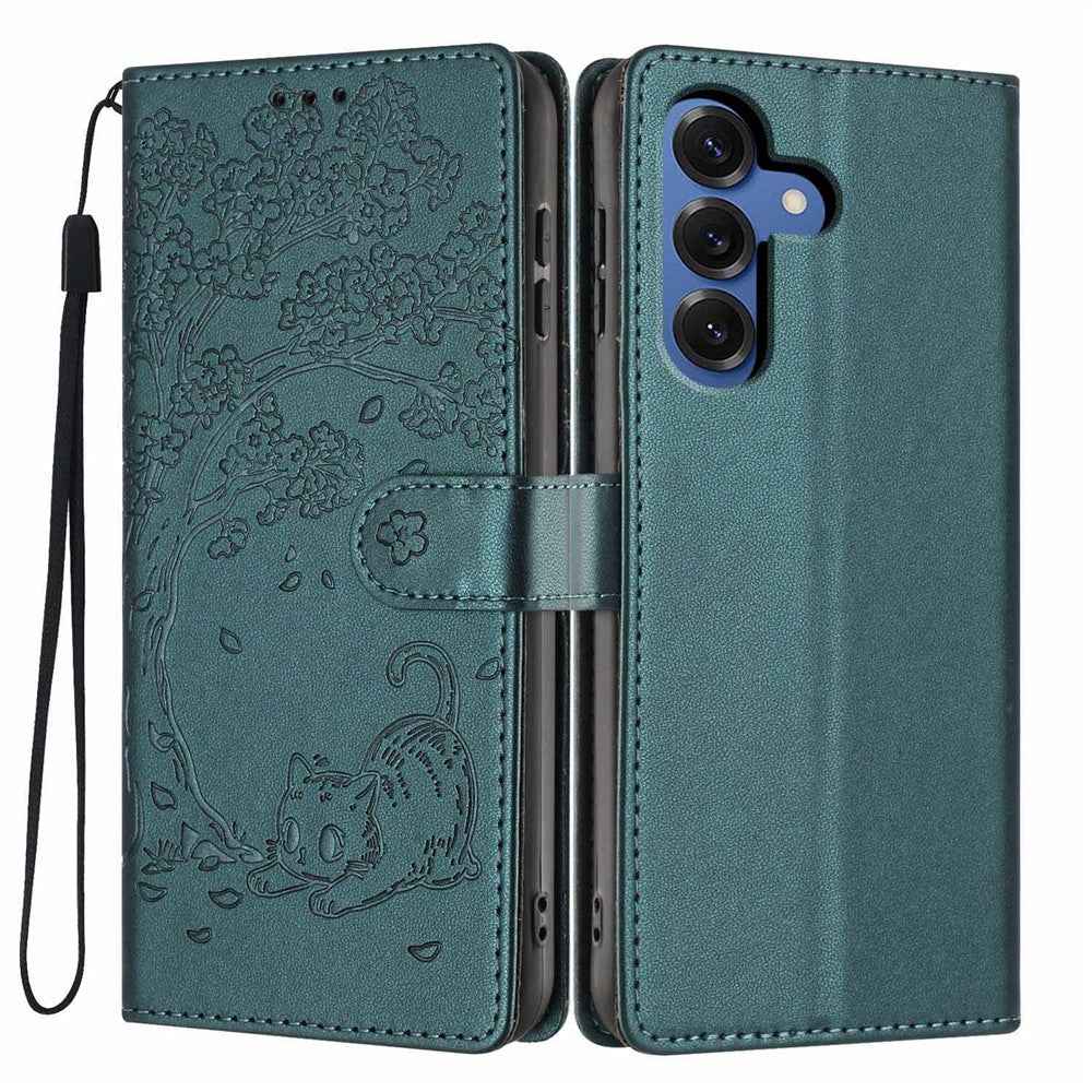 For Samsung Galaxy A57 5G Stand Case Tree-and-Cat Pattern PU Leather Wallet Protective Phone Cover with Wrist Strap - Blackish Green