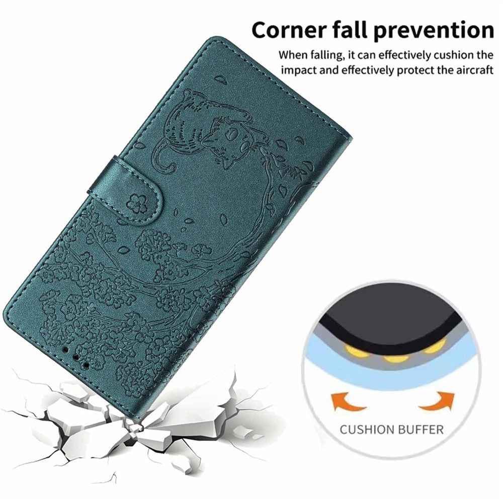 For Samsung Galaxy A57 5G Stand Case Tree-and-Cat Pattern PU Leather Wallet Protective Phone Cover with Wrist Strap - Blackish Green