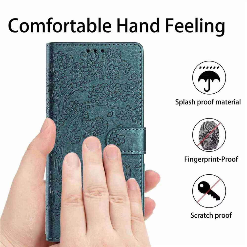 For Samsung Galaxy A57 5G Stand Case Tree-and-Cat Pattern PU Leather Wallet Protective Phone Cover with Wrist Strap - Blackish Green