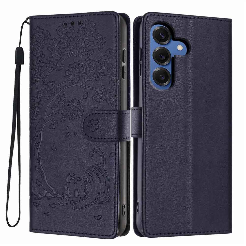 For Samsung Galaxy A57 5G Stand Case Tree-and-Cat Pattern PU Leather Wallet Protective Phone Cover with Wrist Strap - Blue