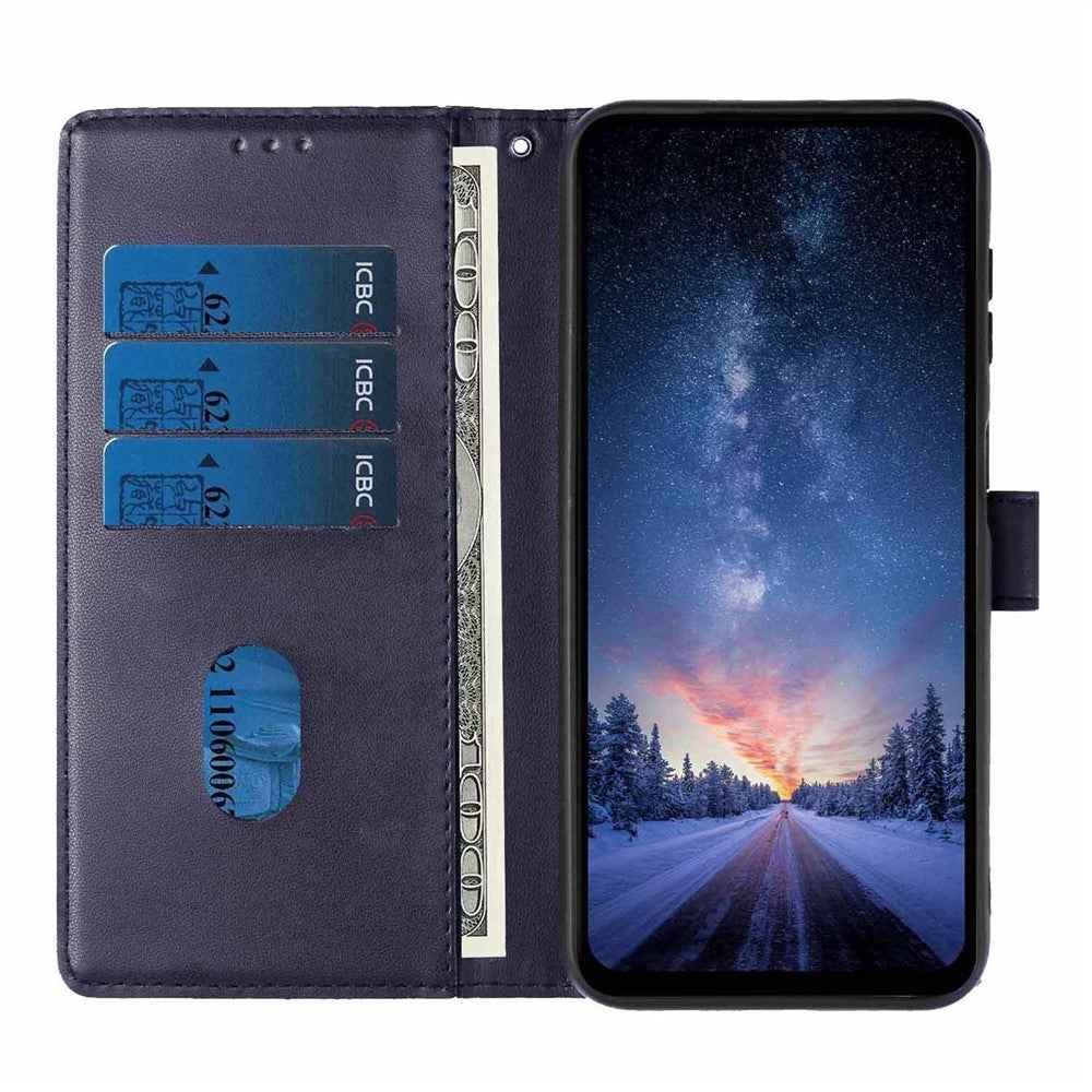 For Samsung Galaxy A57 5G Stand Case Tree-and-Cat Pattern PU Leather Wallet Protective Phone Cover with Wrist Strap - Blue