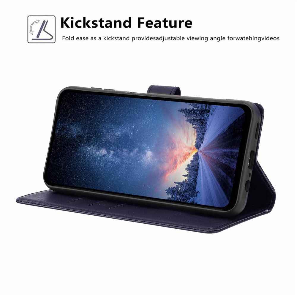 For Samsung Galaxy A57 5G Stand Case Tree-and-Cat Pattern PU Leather Wallet Protective Phone Cover with Wrist Strap - Blue