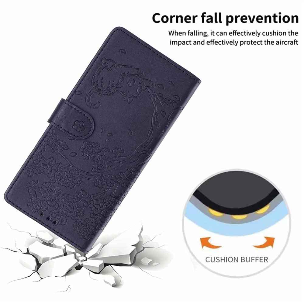 For Samsung Galaxy A57 5G Stand Case Tree-and-Cat Pattern PU Leather Wallet Protective Phone Cover with Wrist Strap - Blue
