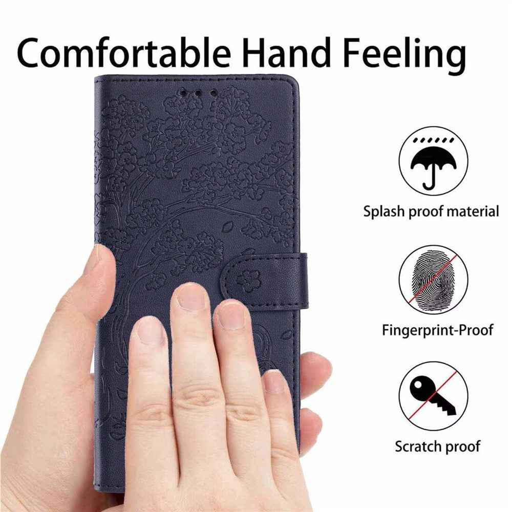 For Samsung Galaxy A57 5G Stand Case Tree-and-Cat Pattern PU Leather Wallet Protective Phone Cover with Wrist Strap - Blue