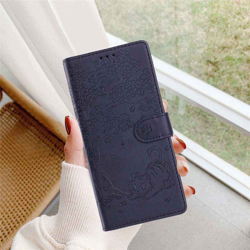 For Samsung Galaxy A57 5G Stand Case Tree-and-Cat Pattern PU Leather Wallet Protective Phone Cover with Wrist Strap - Blue