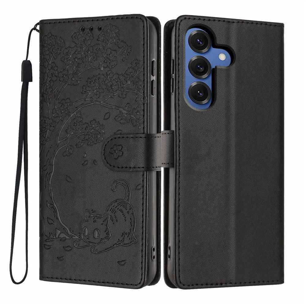 For Samsung Galaxy A57 5G Stand Case Tree-and-Cat Pattern PU Leather Wallet Protective Phone Cover with Wrist Strap - Black