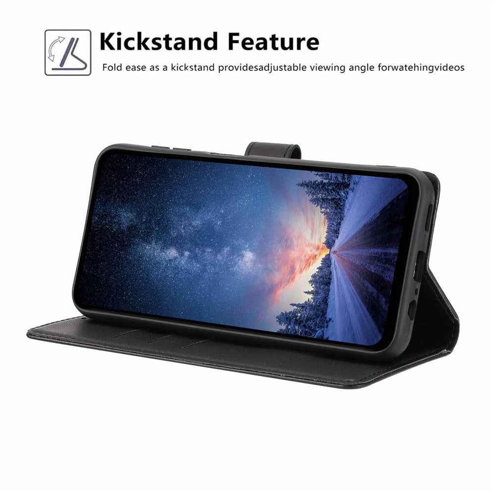 For Samsung Galaxy A57 5G Stand Case Tree-and-Cat Pattern PU Leather Wallet Protective Phone Cover with Wrist Strap - Black