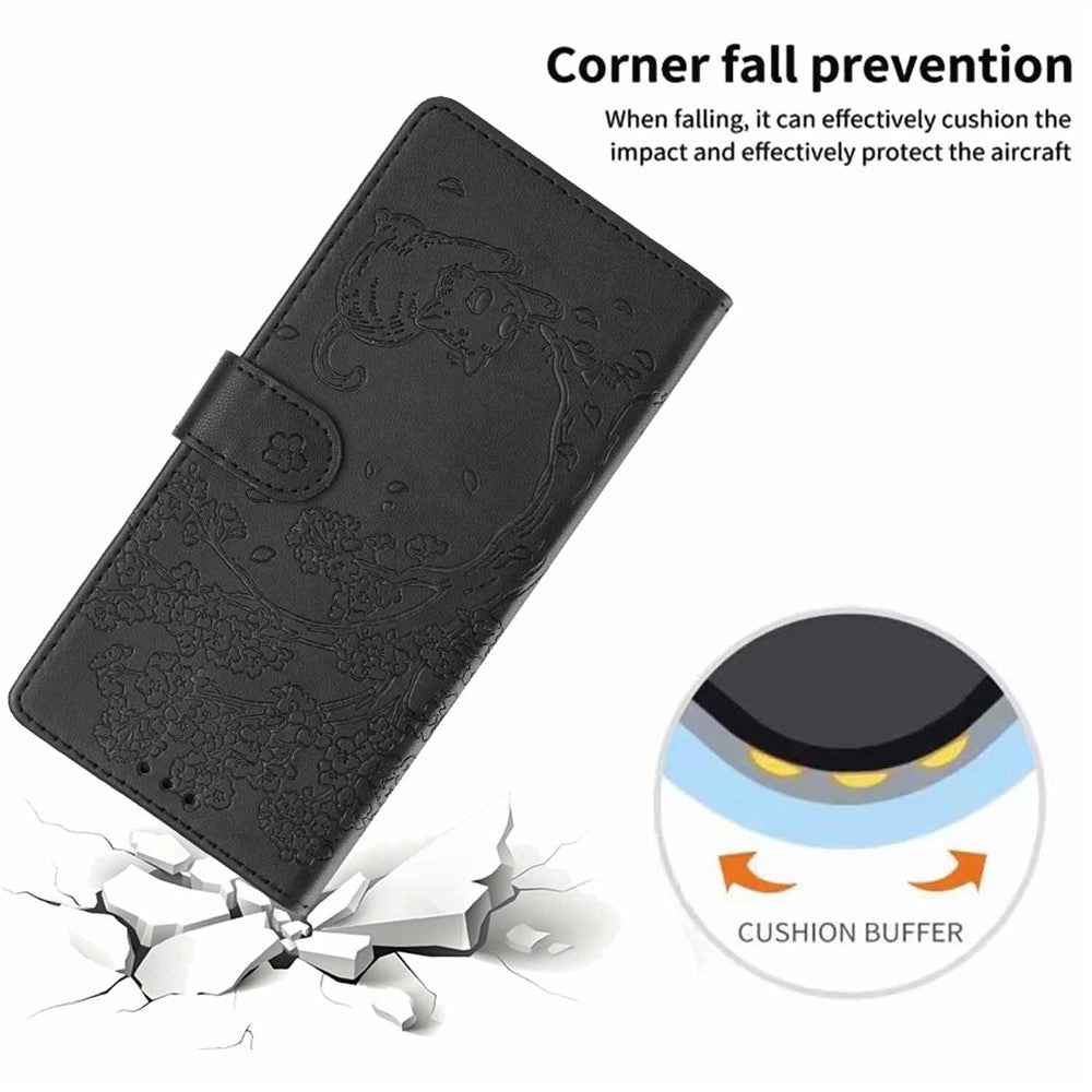 For Samsung Galaxy A57 5G Stand Case Tree-and-Cat Pattern PU Leather Wallet Protective Phone Cover with Wrist Strap - Black