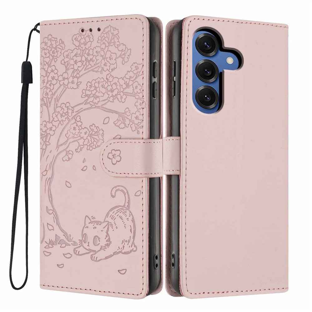 For Samsung Galaxy A57 5G Stand Case Tree-and-Cat Pattern PU Leather Wallet Protective Phone Cover with Wrist Strap - Pink