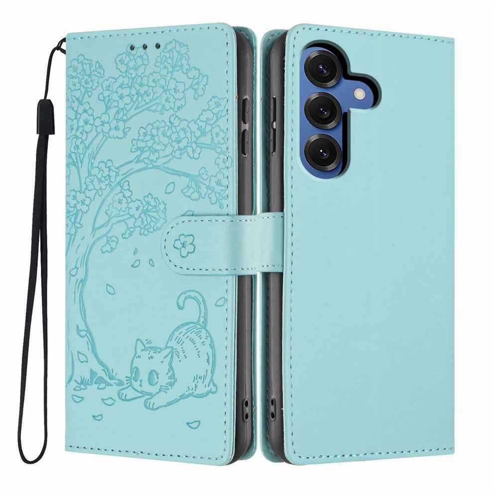 For Samsung Galaxy A57 5G Stand Case Tree-and-Cat Pattern PU Leather Wallet Protective Phone Cover with Wrist Strap - Light Green