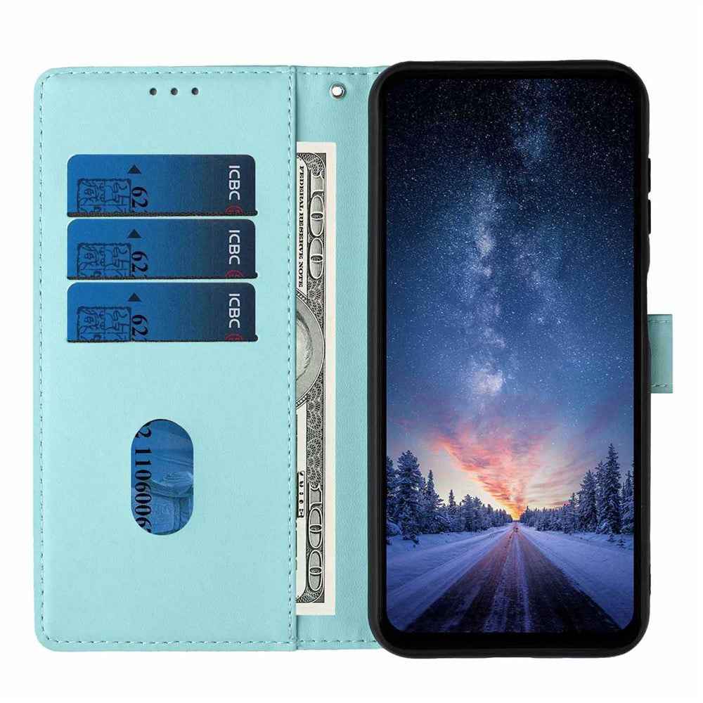 For Samsung Galaxy A57 5G Stand Case Tree-and-Cat Pattern PU Leather Wallet Protective Phone Cover with Wrist Strap - Light Green