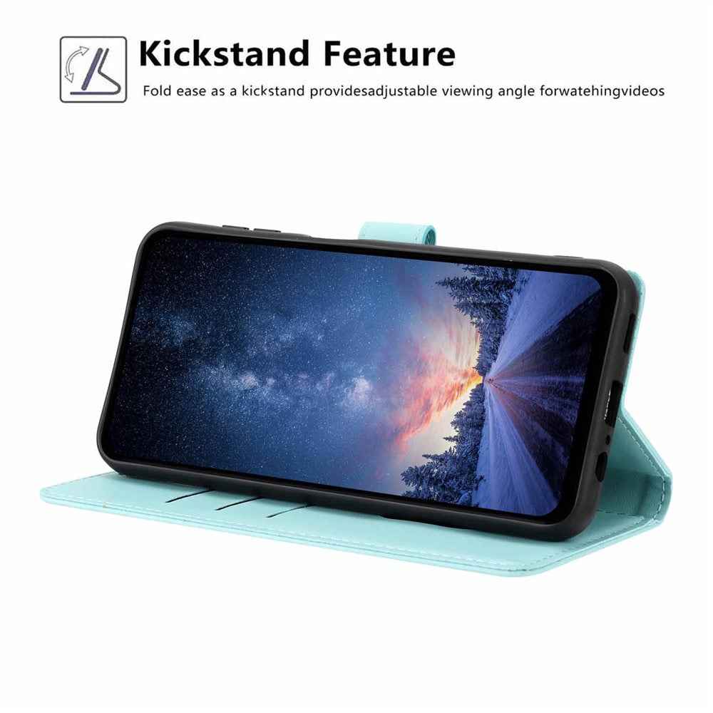 For Samsung Galaxy A57 5G Stand Case Tree-and-Cat Pattern PU Leather Wallet Protective Phone Cover with Wrist Strap - Light Green