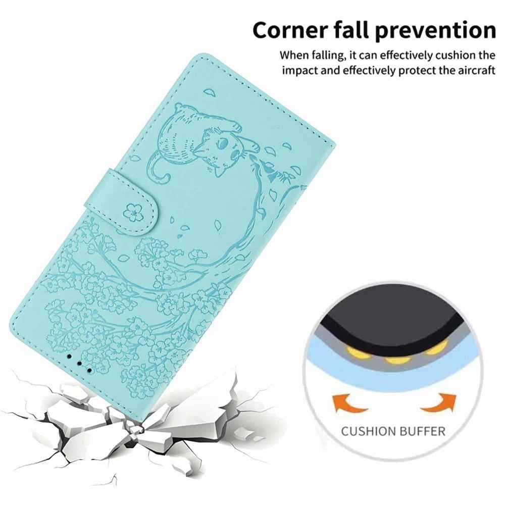 For Samsung Galaxy A57 5G Stand Case Tree-and-Cat Pattern PU Leather Wallet Protective Phone Cover with Wrist Strap - Light Green