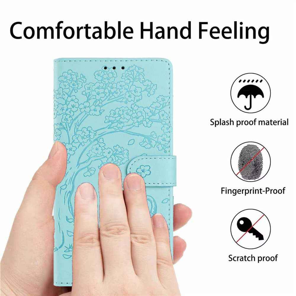 For Samsung Galaxy A57 5G Stand Case Tree-and-Cat Pattern PU Leather Wallet Protective Phone Cover with Wrist Strap - Light Green