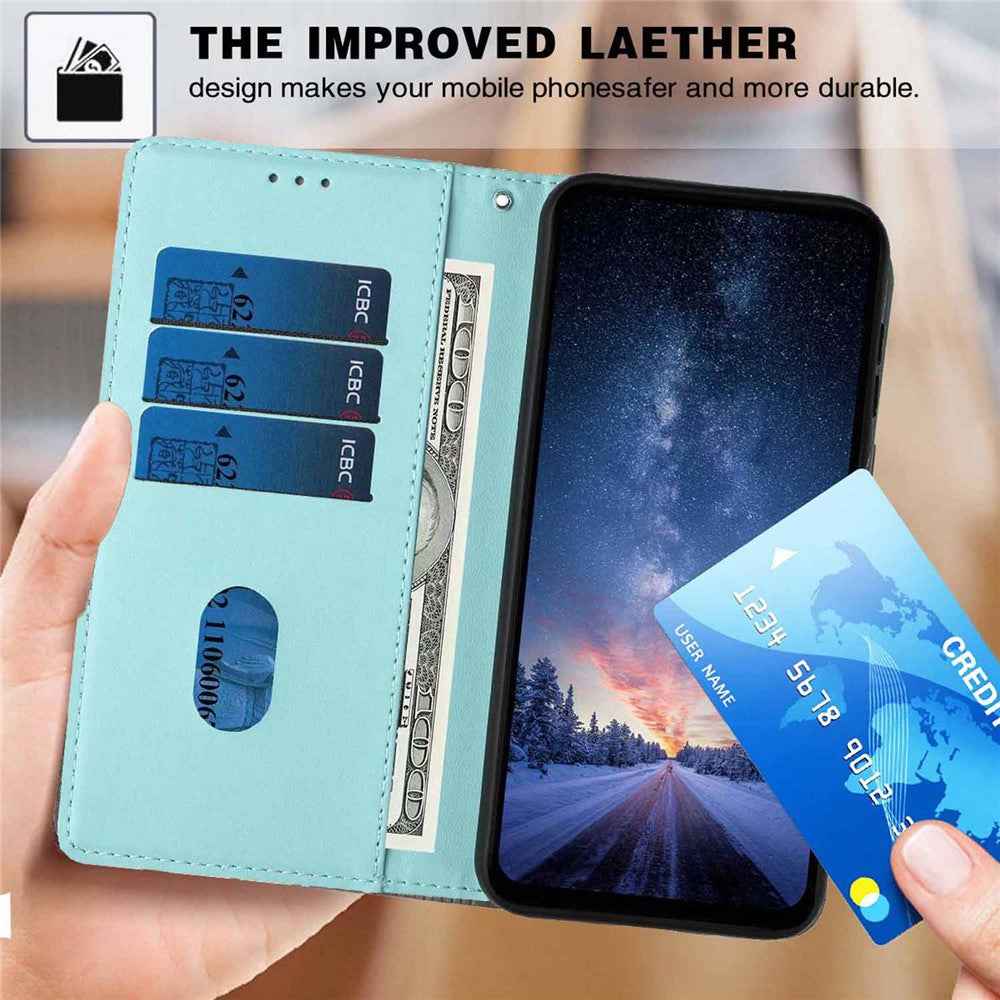 For Samsung Galaxy A57 5G Stand Case Tree-and-Cat Pattern PU Leather Wallet Protective Phone Cover with Wrist Strap - Light Green