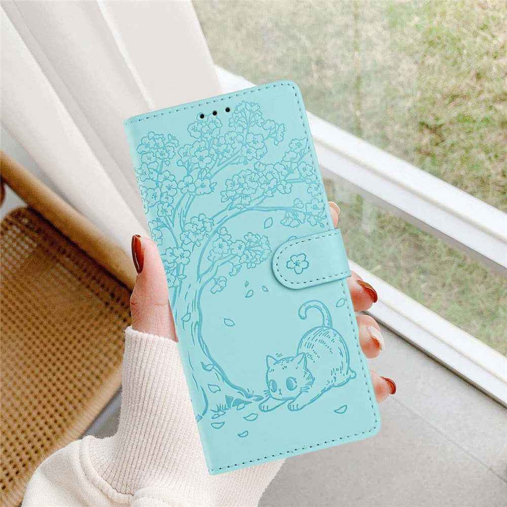 For Samsung Galaxy A57 5G Stand Case Tree-and-Cat Pattern PU Leather Wallet Protective Phone Cover with Wrist Strap - Light Green