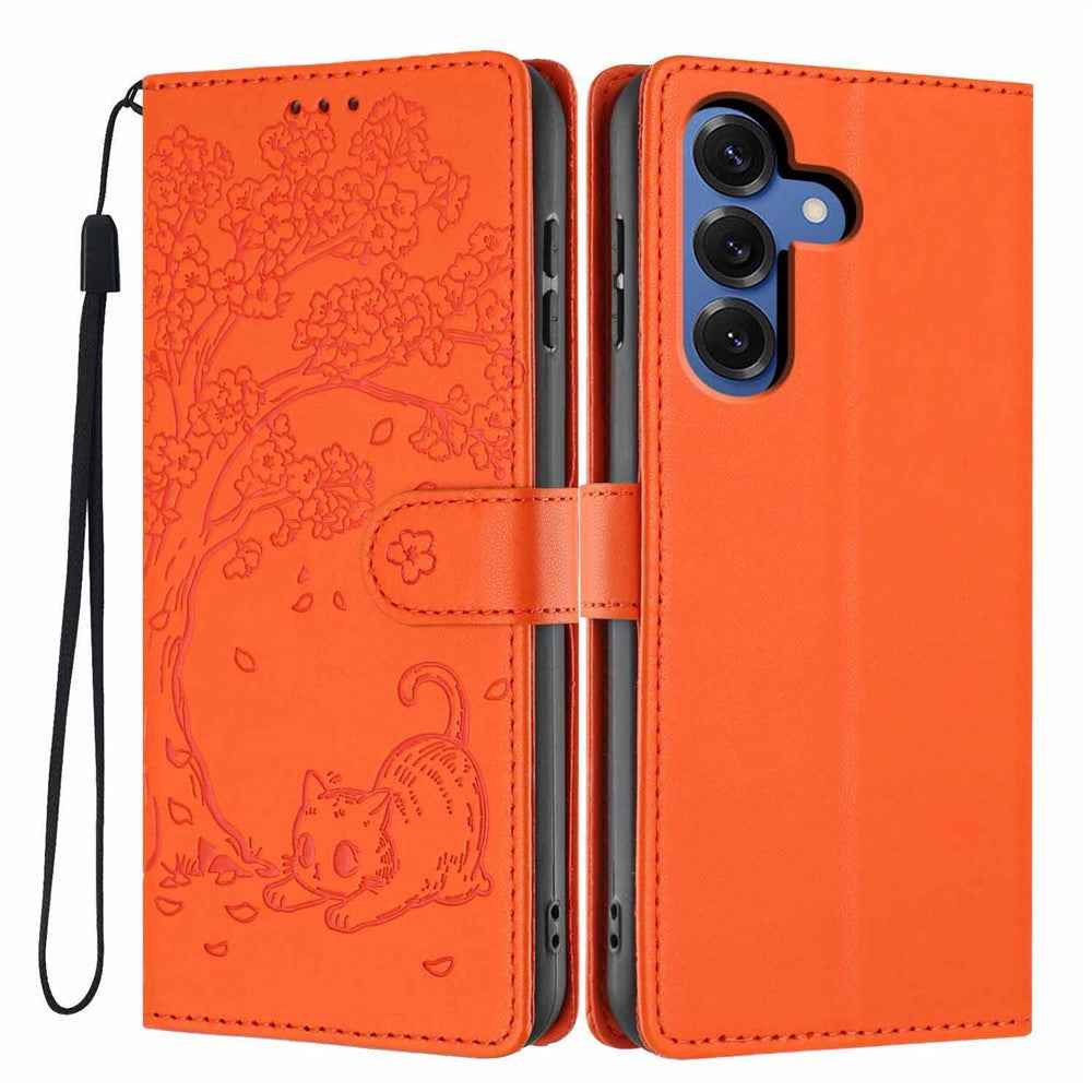 For Samsung Galaxy A57 5G Stand Case Tree-and-Cat Pattern PU Leather Wallet Protective Phone Cover with Wrist Strap - Orange