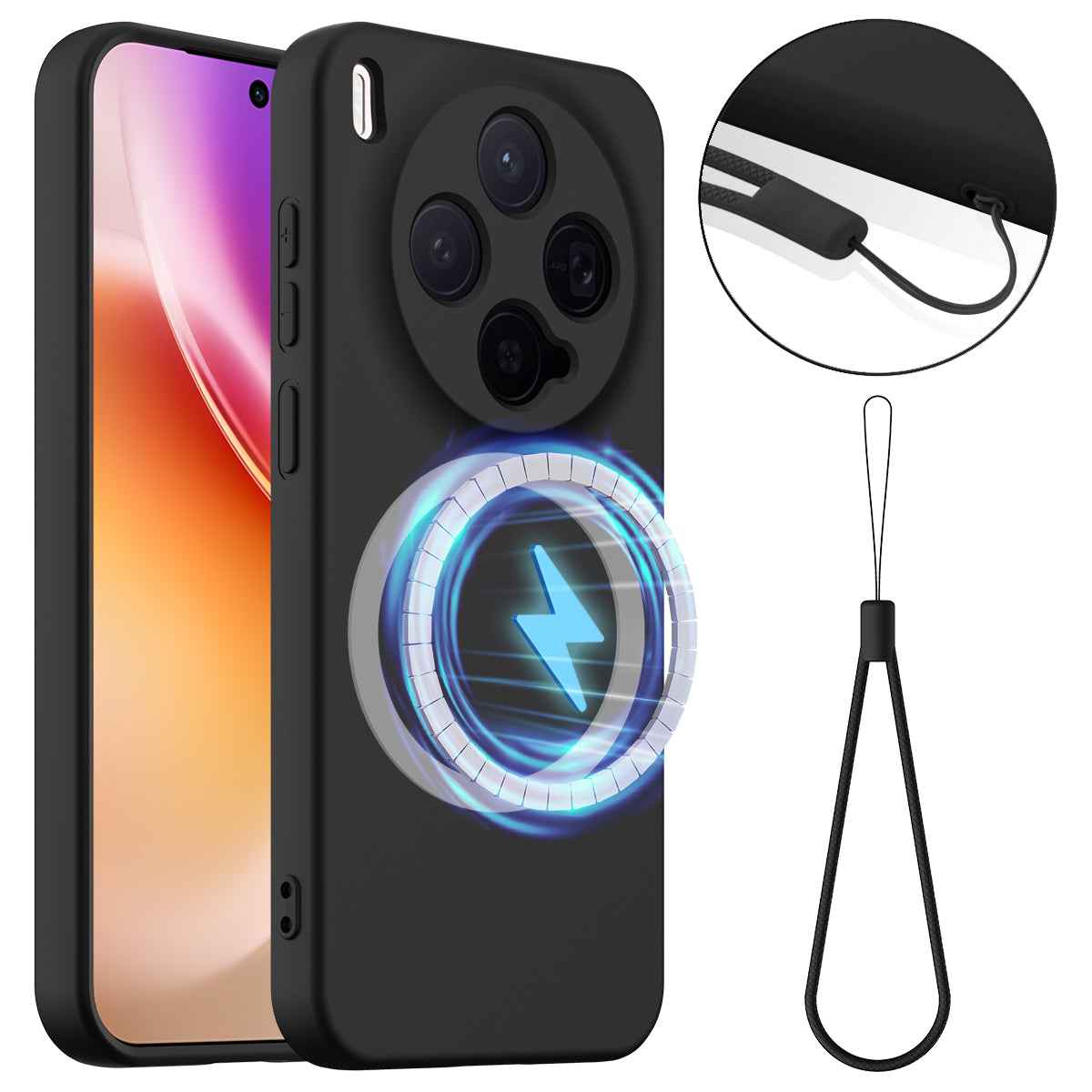 For vivo X300 5G Magnetic Case Anti-Drop Liquid Silicone Phone Cover with Lanyard - Black