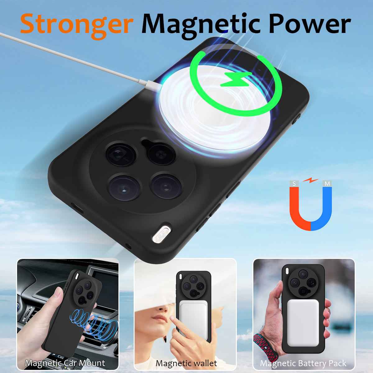 For vivo X300 5G Magnetic Case Anti-Drop Liquid Silicone Phone Cover with Lanyard - Black
