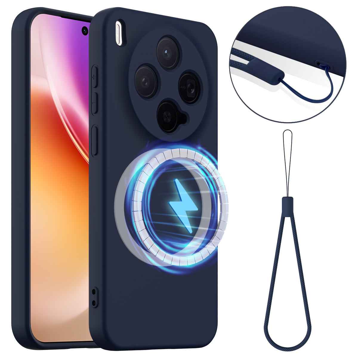 For vivo X300 5G Magnetic Case Anti-Drop Liquid Silicone Phone Cover with Lanyard - Dark Blue