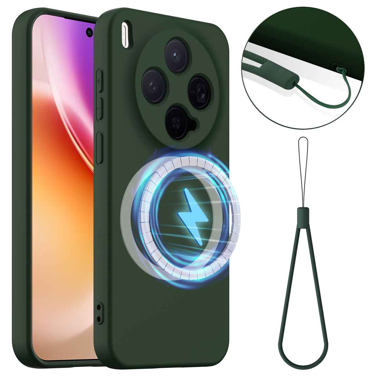 For vivo X300 5G Magnetic Case Anti-Drop Liquid Silicone Phone Cover with Lanyard - Dark Green
