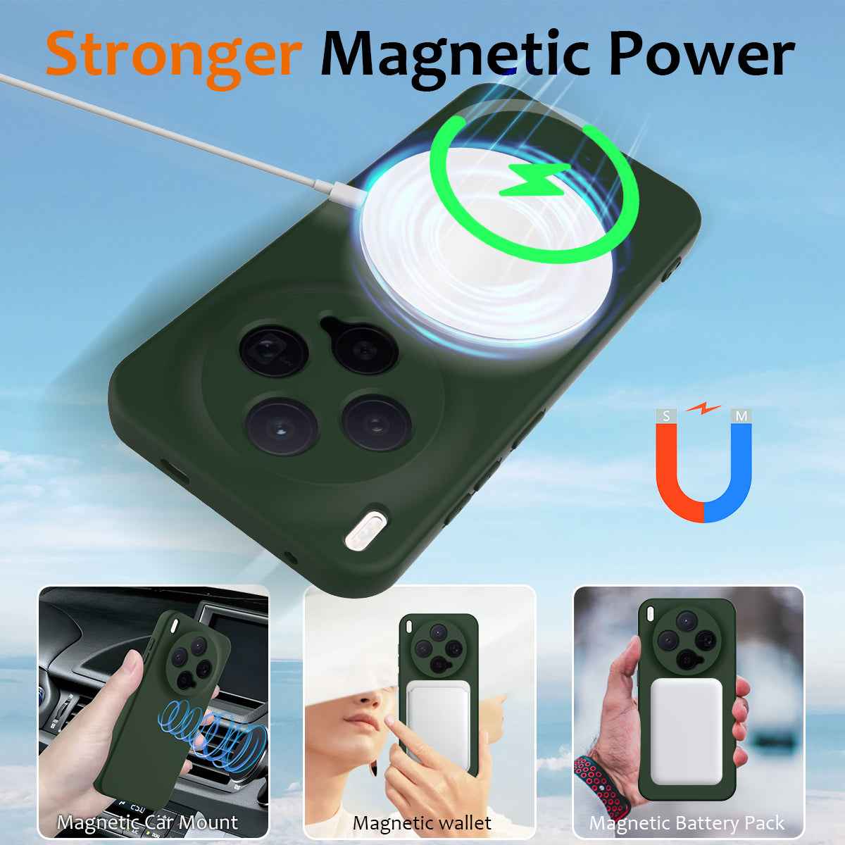 For vivo X300 5G Magnetic Case Anti-Drop Liquid Silicone Phone Cover with Lanyard - Dark Green