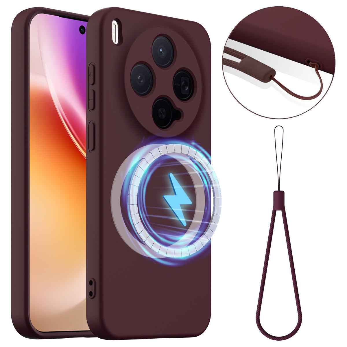 For vivo X300 5G Magnetic Case Anti-Drop Liquid Silicone Phone Cover with Lanyard - Wine Red