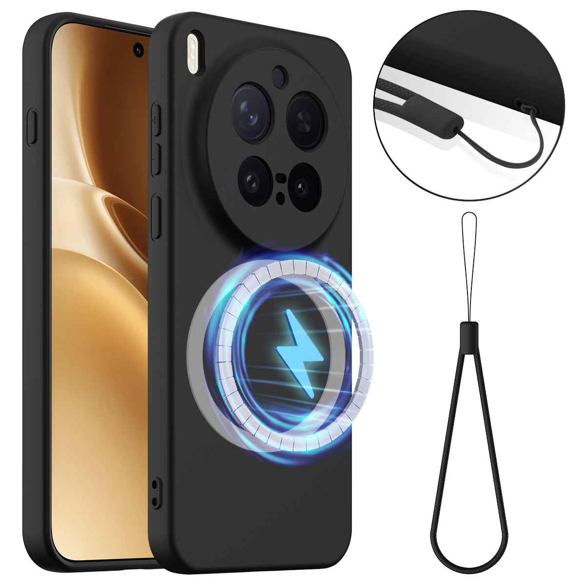 For vivo X300 Pro 5G Magnetic Case Anti-Drop Liquid Silicone Phone Cover with Lanyard - Black