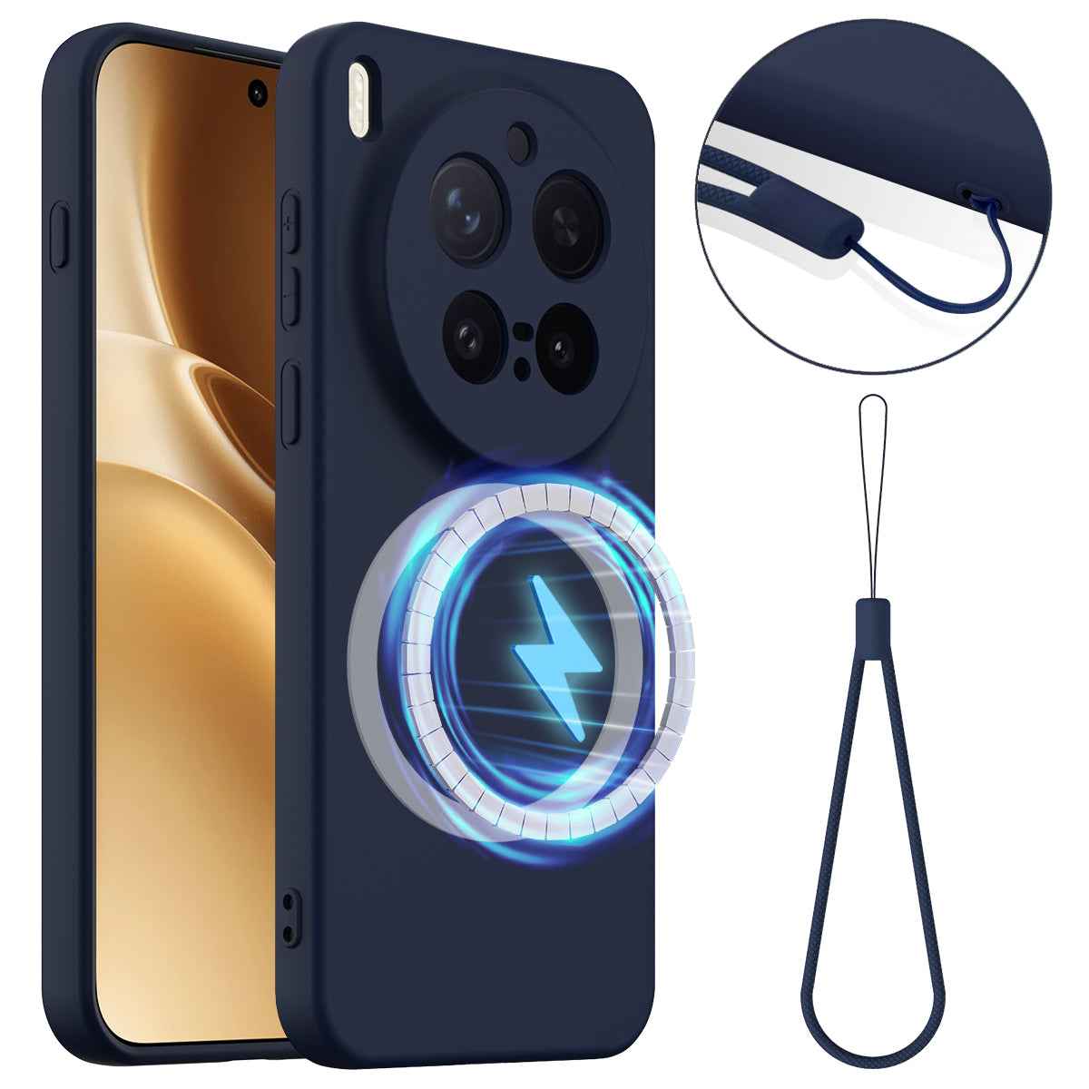 For vivo X300 Pro 5G Magnetic Case Anti-Drop Liquid Silicone Phone Cover with Lanyard - Dark Blue
