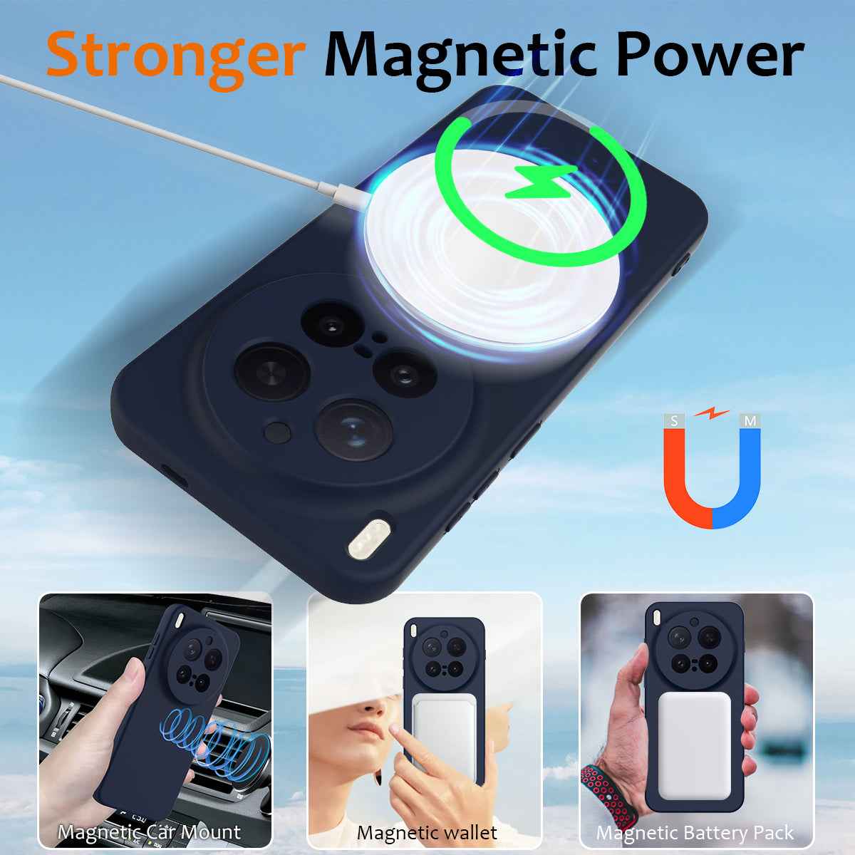 For vivo X300 Pro 5G Magnetic Case Anti-Drop Liquid Silicone Phone Cover with Lanyard - Dark Blue