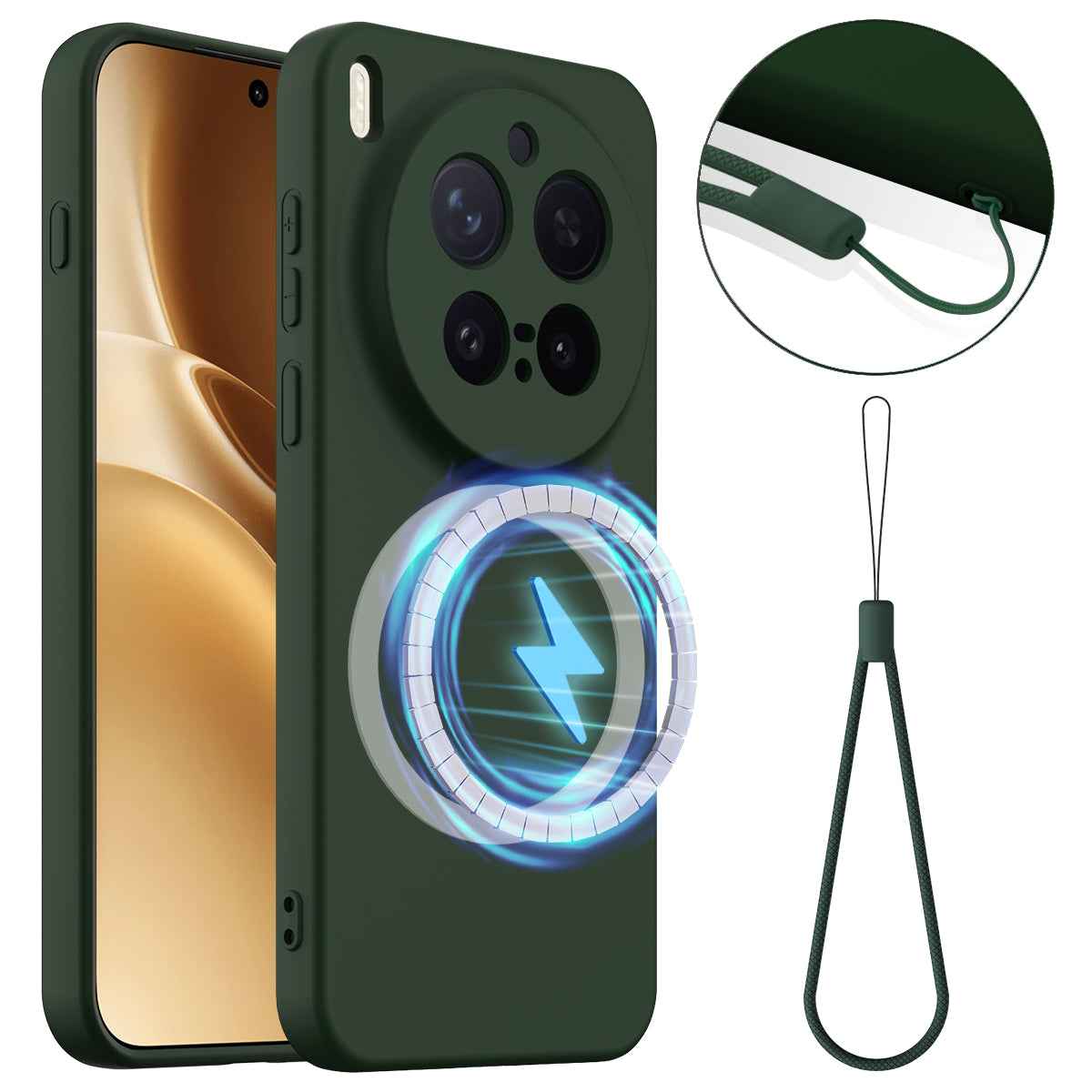 For vivo X300 Pro 5G Magnetic Case Anti-Drop Liquid Silicone Phone Cover with Lanyard - Dark Green