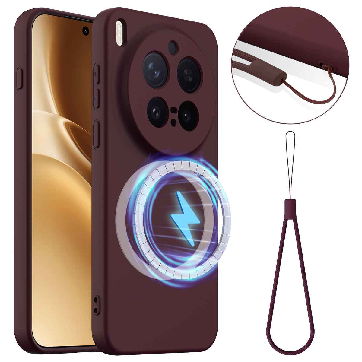 For vivo X300 Pro 5G Magnetic Case Anti-Drop Liquid Silicone Phone Cover with Lanyard - Wine Red