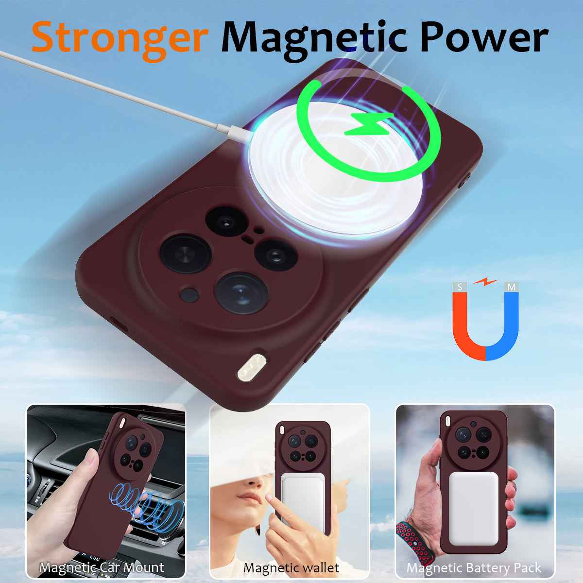 For vivo X300 Pro 5G Magnetic Case Anti-Drop Liquid Silicone Phone Cover with Lanyard - Wine Red