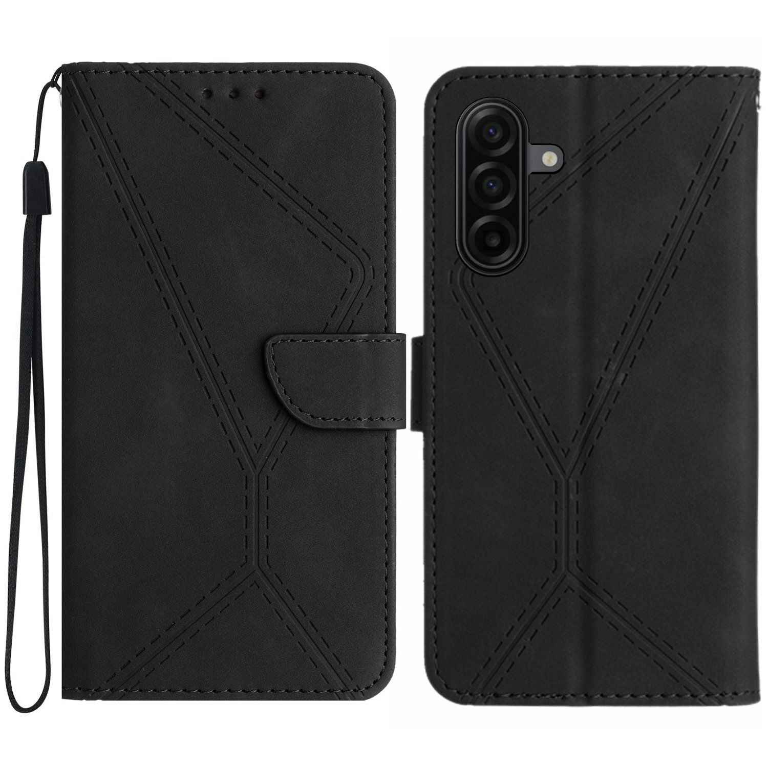 For Samsung Galaxy A57 5G Case Skin Touch Lines Imprinted PU Leather Flip Phone Cover - Black
