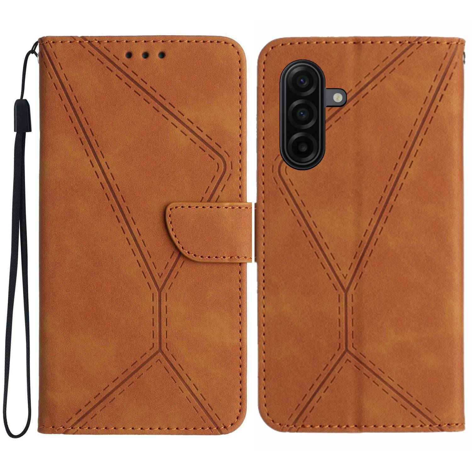 For Samsung Galaxy A57 5G Case Skin Touch Lines Imprinted PU Leather Flip Phone Cover - Brown