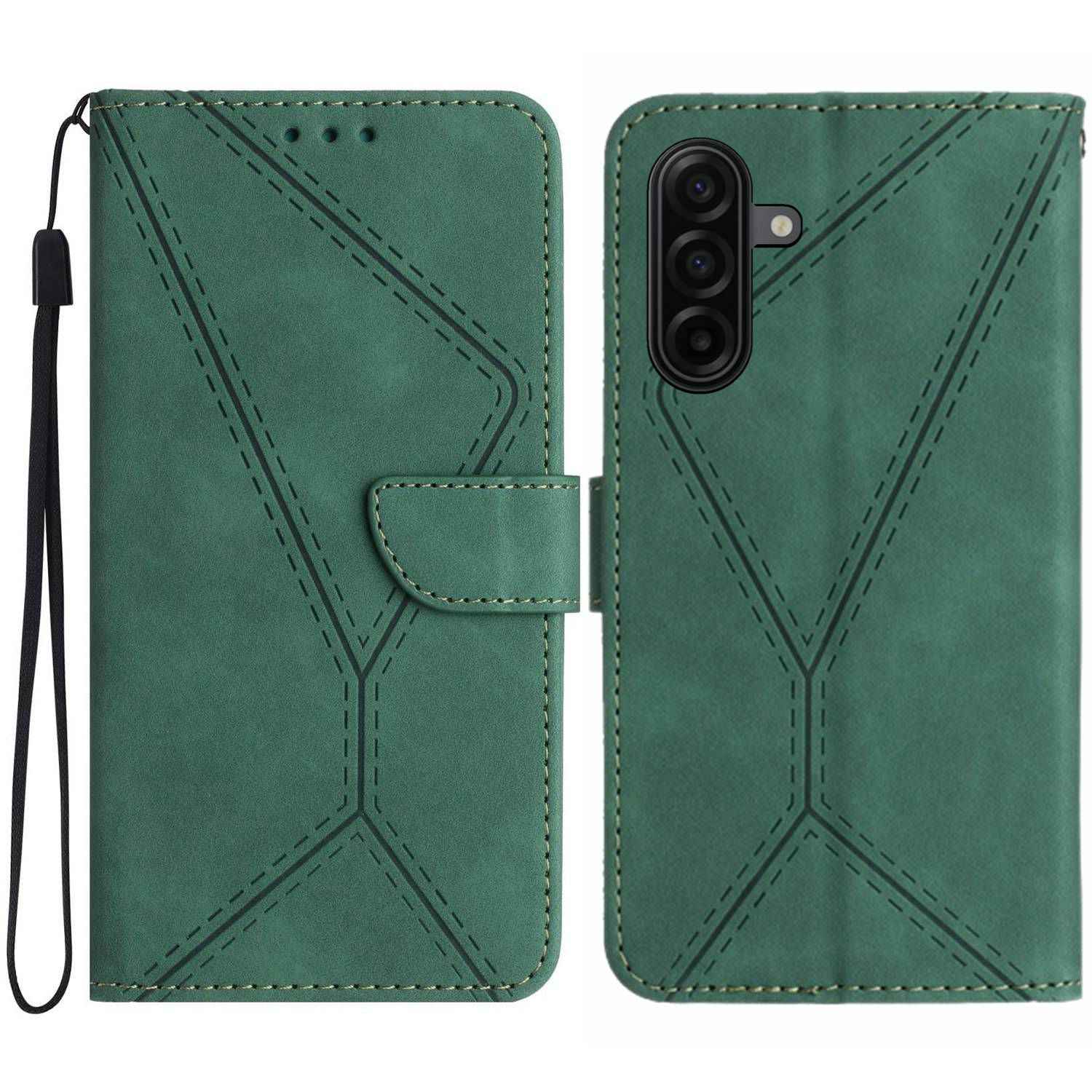 For Samsung Galaxy A57 5G Case Skin Touch Lines Imprinted PU Leather Flip Phone Cover - Green