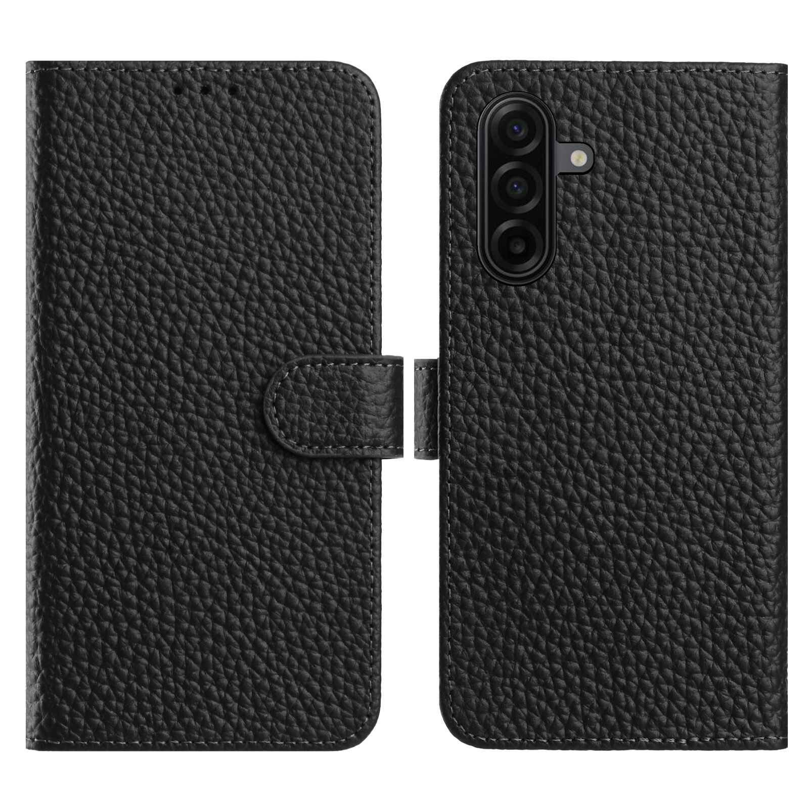 For Samsung Galaxy A57 5G Case Wallet Stand Litchi Texture Genuine Cow Leather Flip Phone Cover - Black