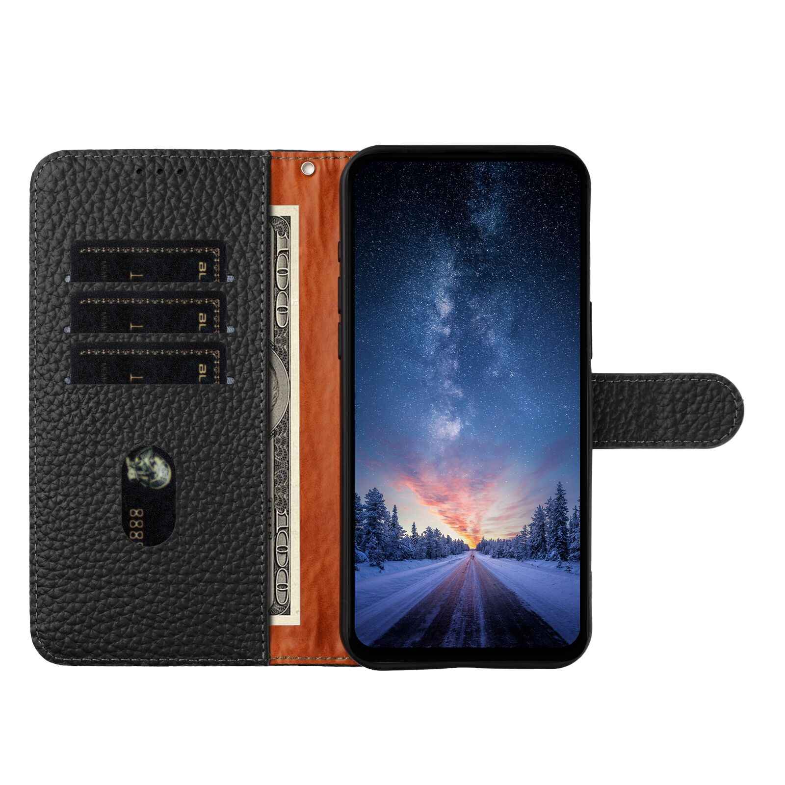 For Samsung Galaxy A57 5G Case Wallet Stand Litchi Texture Genuine Cow Leather Flip Phone Cover - Black