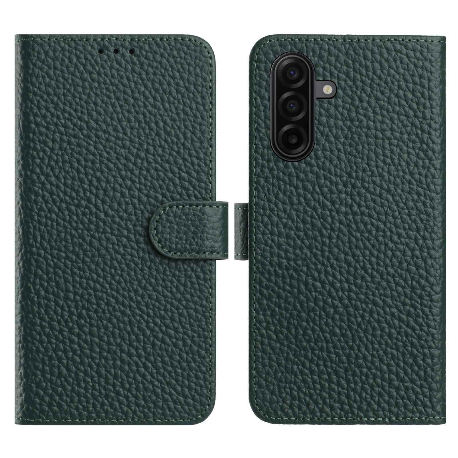 For Samsung Galaxy A57 5G Case Wallet Stand Litchi Texture Genuine Cow Leather Flip Phone Cover - Green