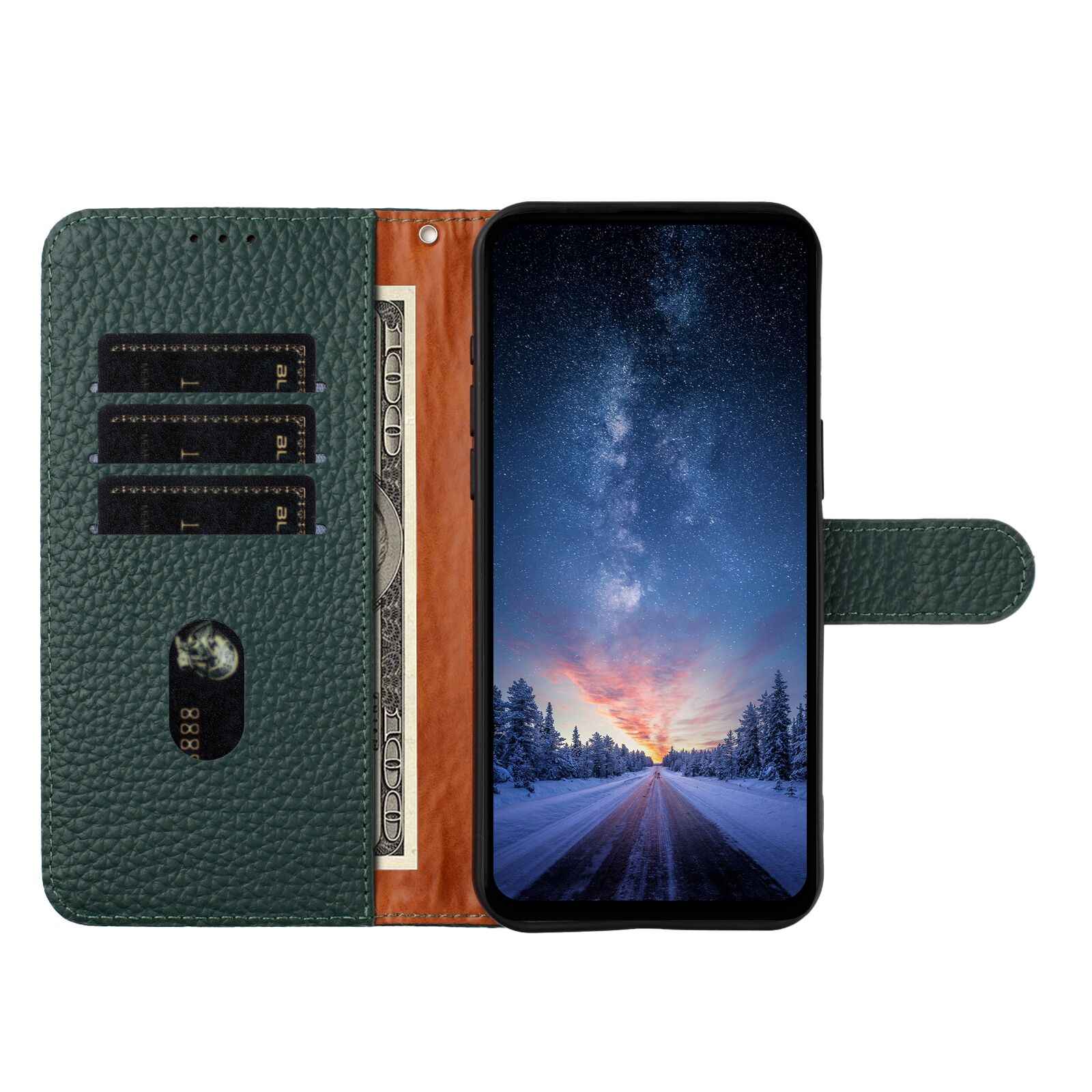 For Samsung Galaxy A57 5G Case Wallet Stand Litchi Texture Genuine Cow Leather Flip Phone Cover - Green