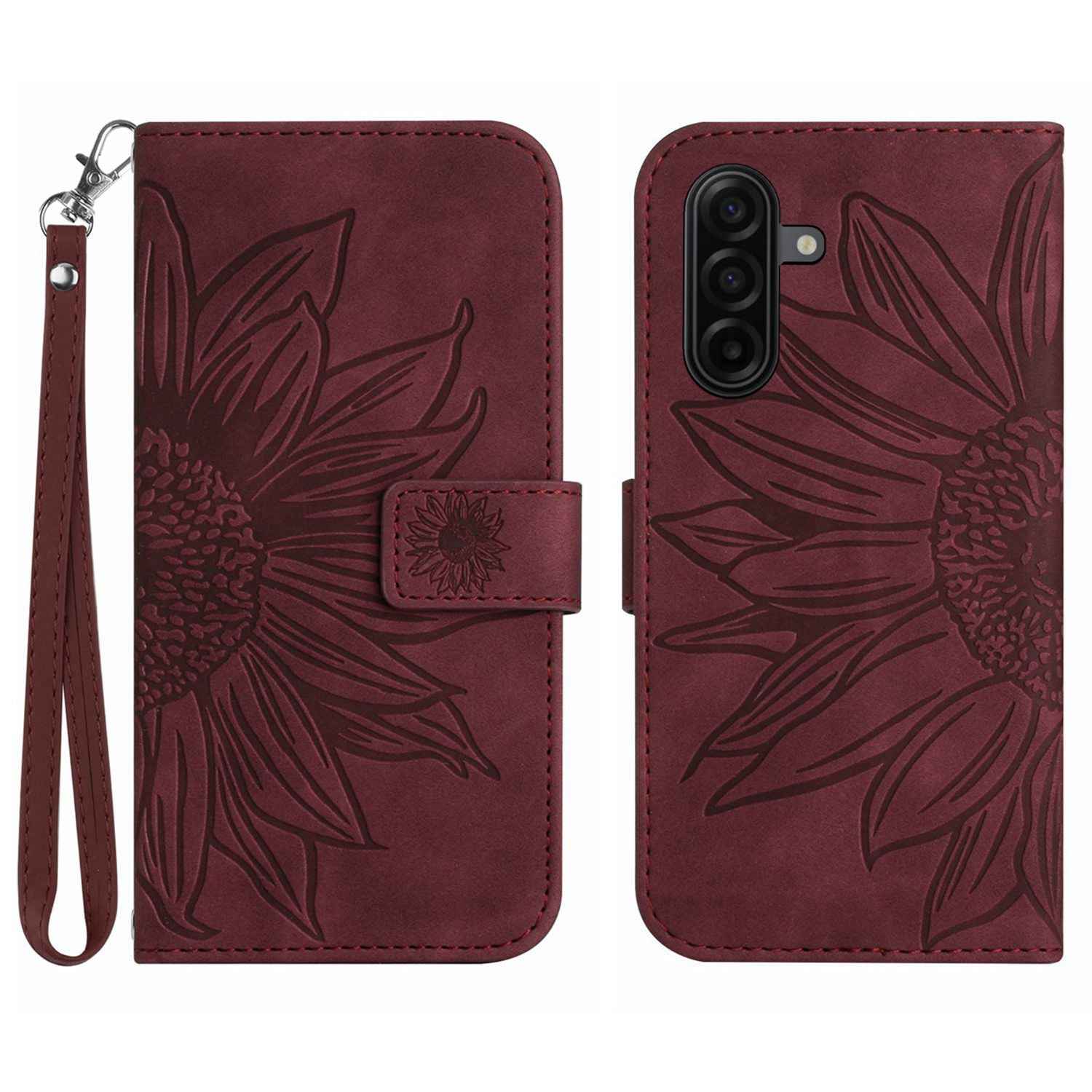 For Samsung Galaxy A57 5G Case Sunflower Imprint Leather Wallet Phone Cover with Wrist Strap - Wine Red