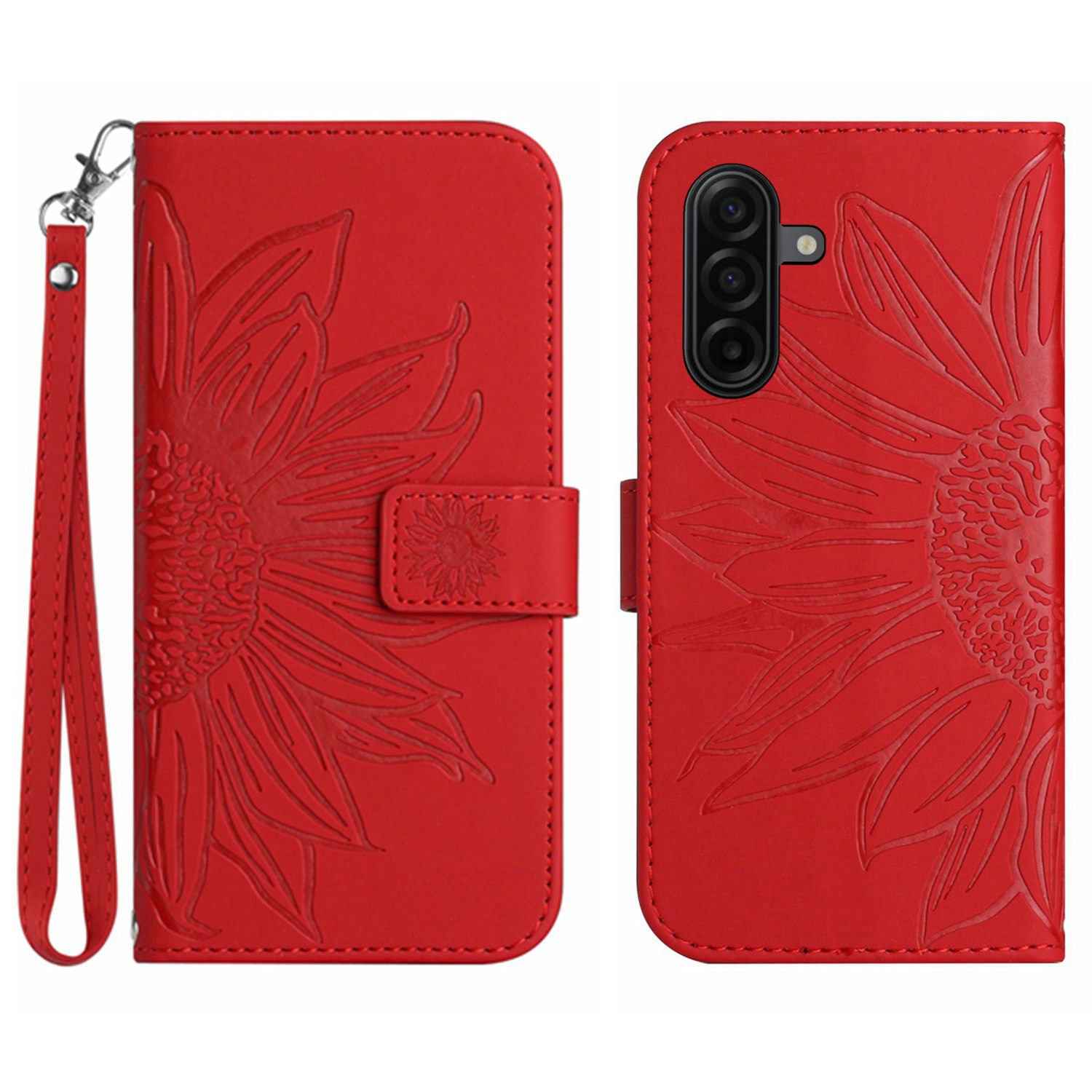For Samsung Galaxy A57 5G Case Sunflower Imprint Leather Wallet Phone Cover with Wrist Strap - Red