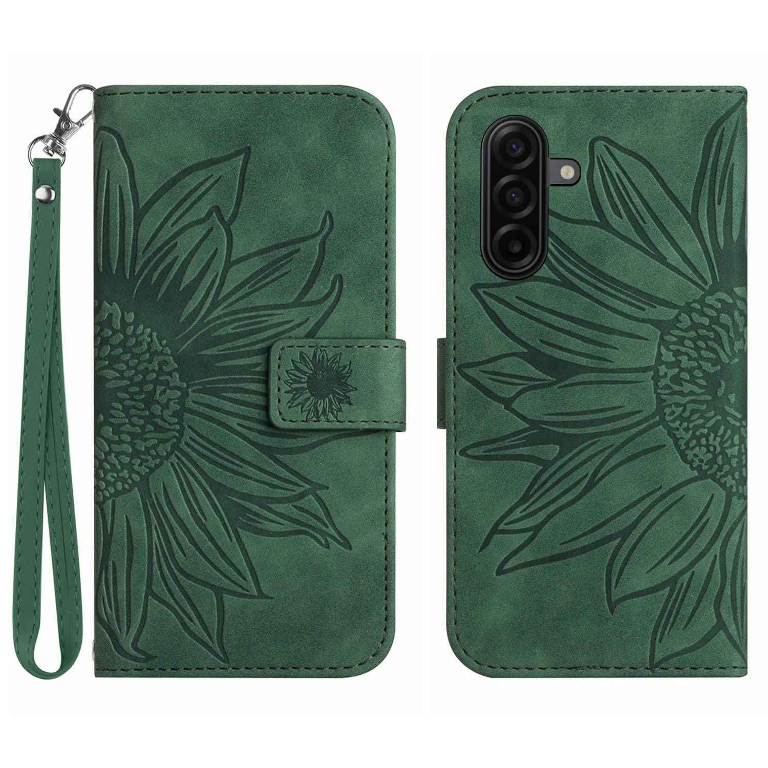 For Samsung Galaxy A57 5G Case Sunflower Imprint Leather Wallet Phone Cover with Wrist Strap - Dark Green