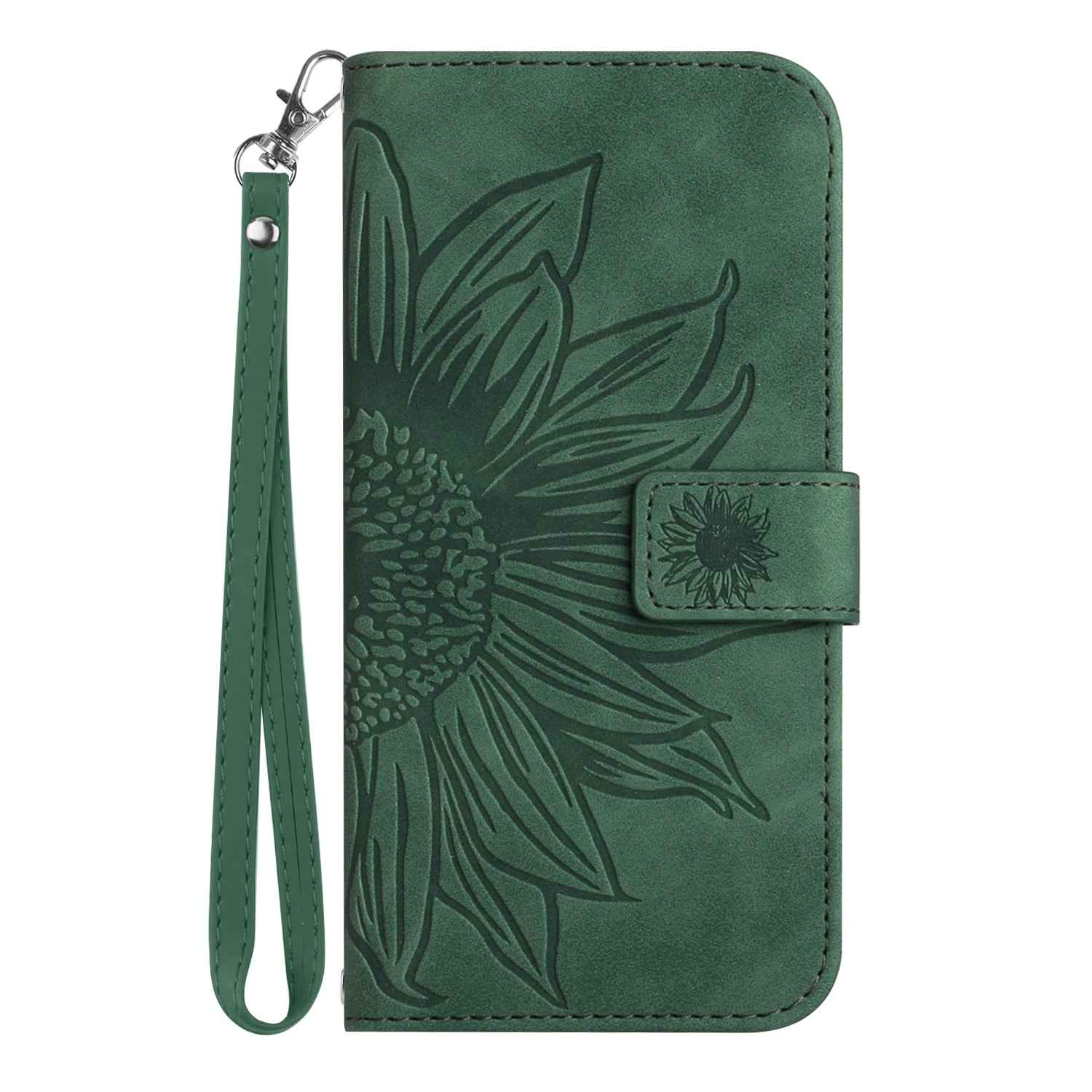 For Samsung Galaxy A57 5G Case Sunflower Imprint Leather Wallet Phone Cover with Wrist Strap - Dark Green