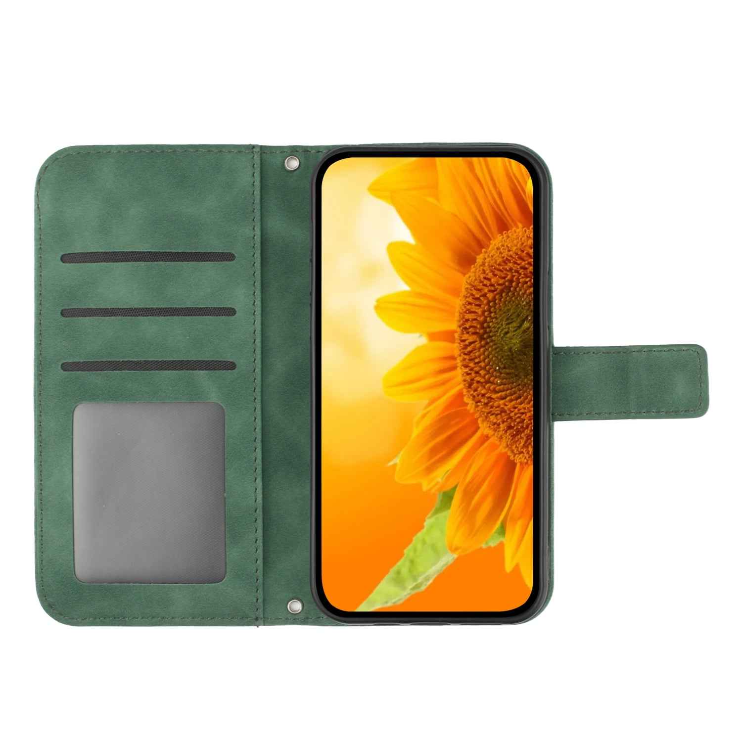 For Samsung Galaxy A57 5G Case Sunflower Imprint Leather Wallet Phone Cover with Wrist Strap - Dark Green