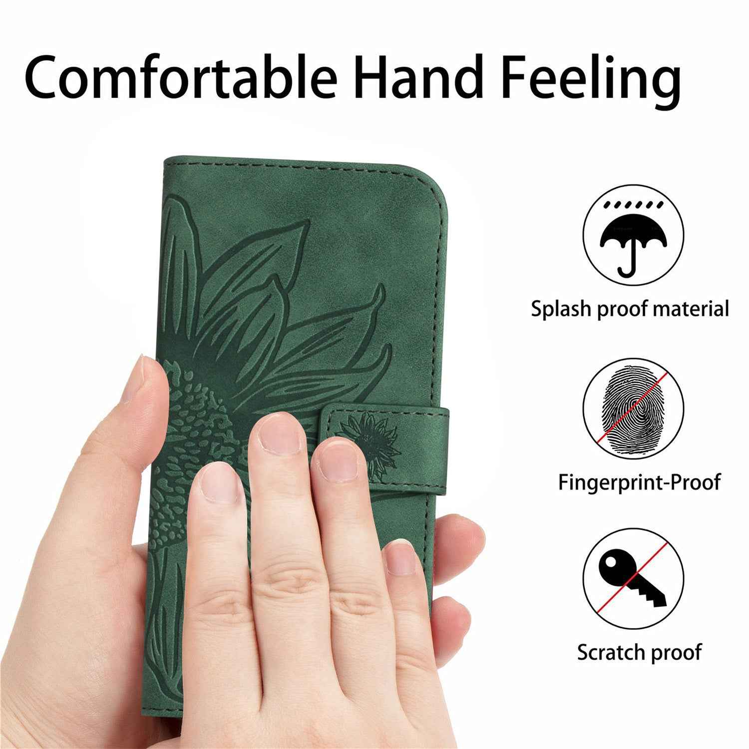 For Samsung Galaxy A57 5G Case Sunflower Imprint Leather Wallet Phone Cover with Wrist Strap - Dark Green
