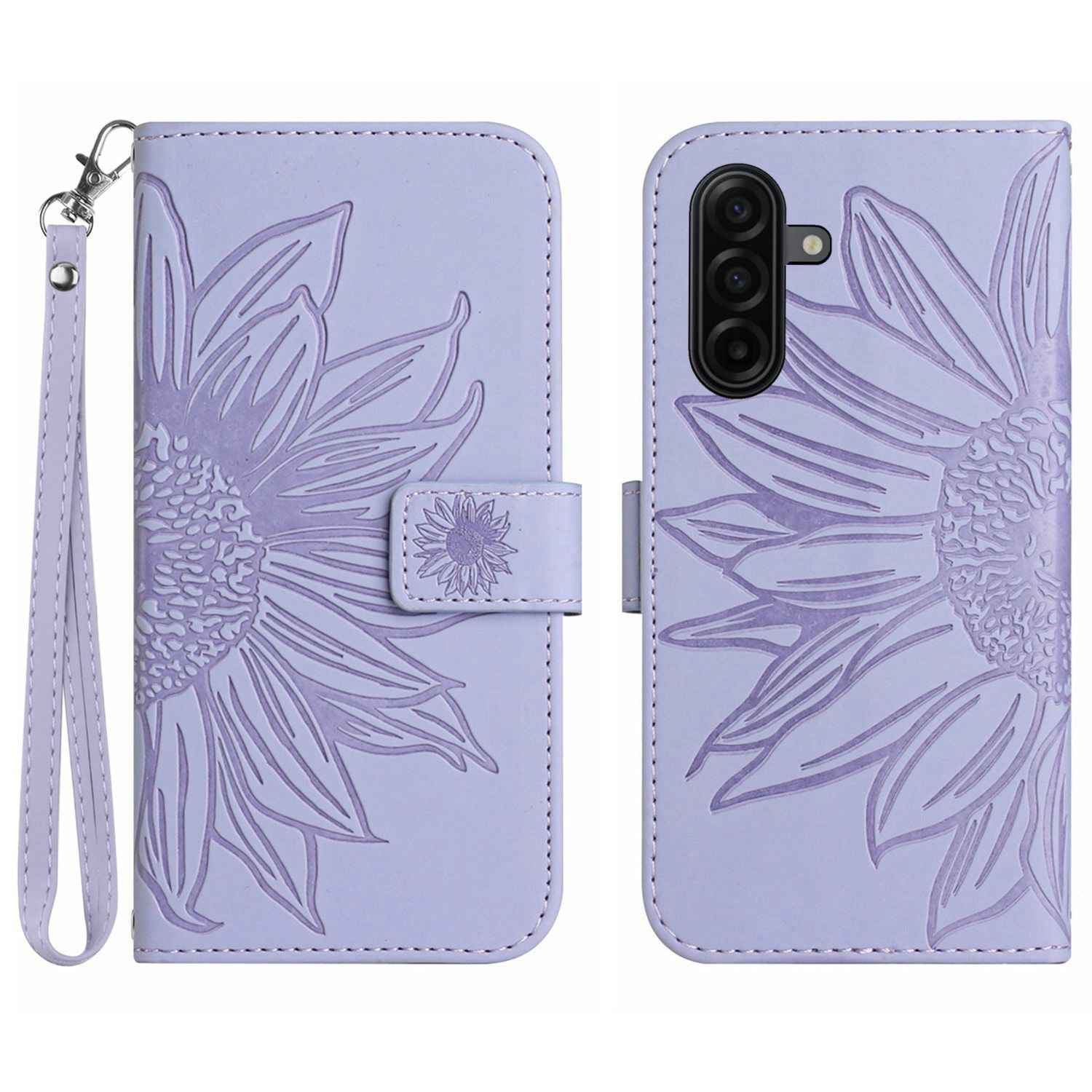 For Samsung Galaxy A57 5G Case Sunflower Imprint Leather Wallet Phone Cover with Wrist Strap - Light Purple