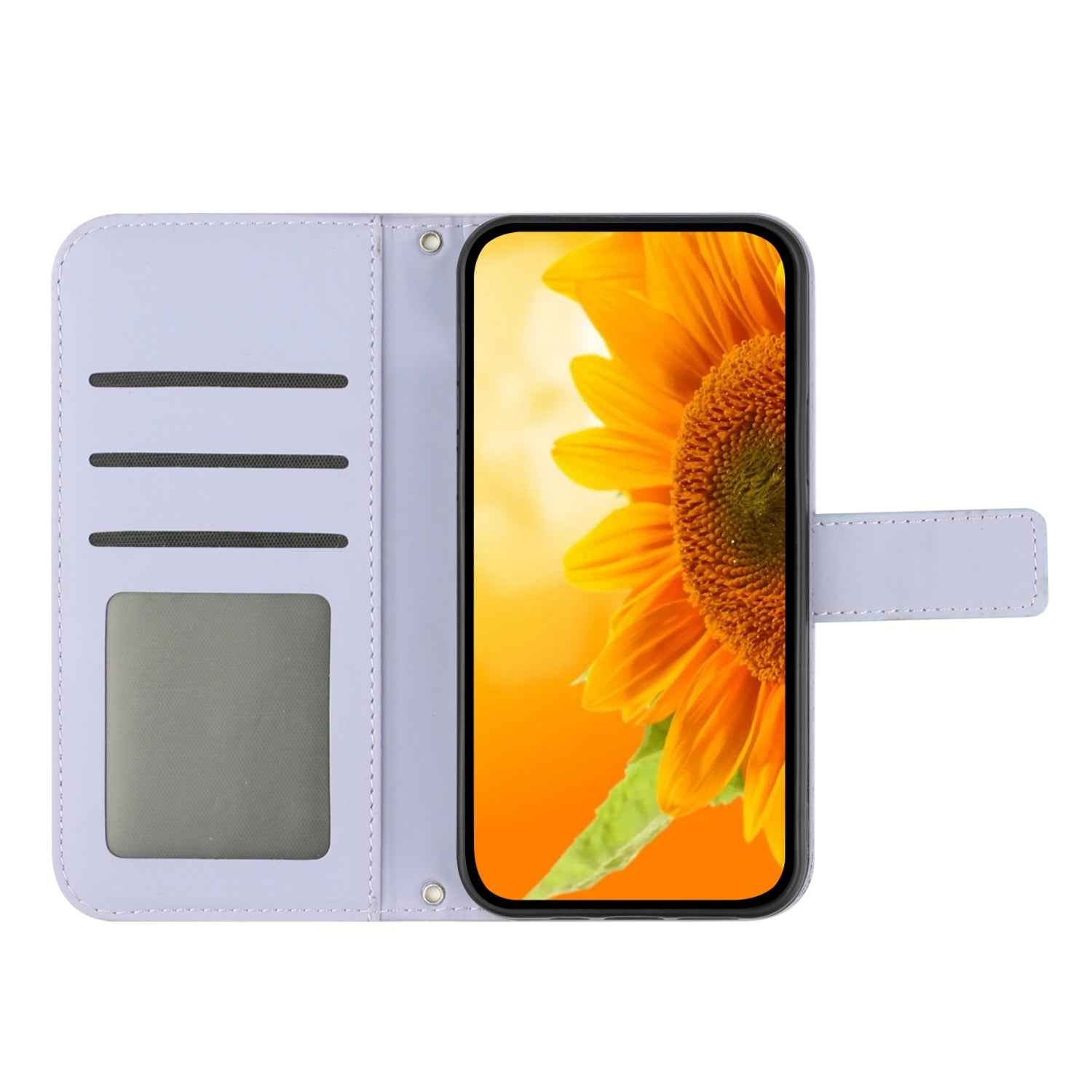 For Samsung Galaxy A57 5G Case Sunflower Imprint Leather Wallet Phone Cover with Wrist Strap - Light Purple